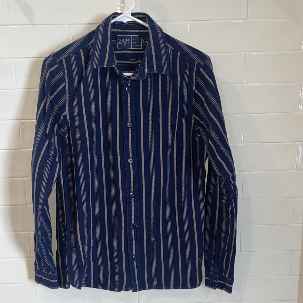 Scotch & Soda Striped Casual Button Down Shirt Sz Small Blue & Tan